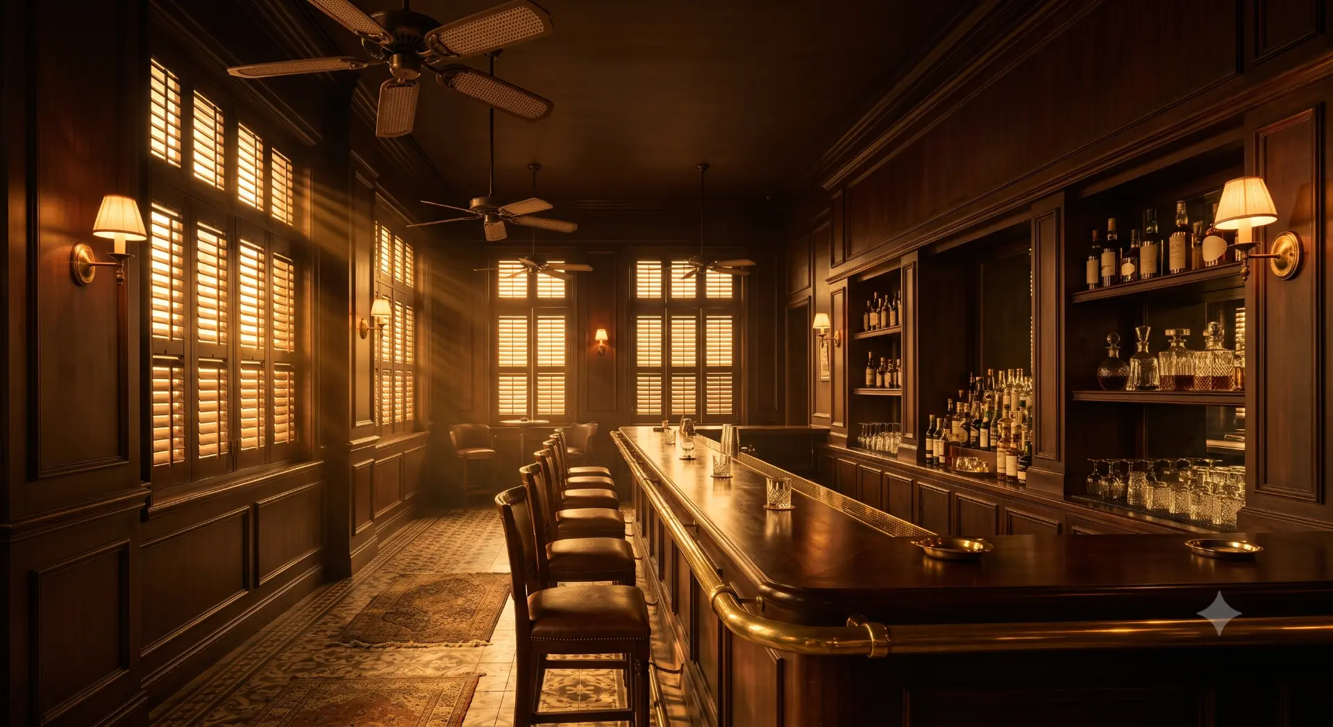 A colonial-era long bar with dark timber panelling, brass rail, rattan ceiling fans, and golden light through louvred shutters.