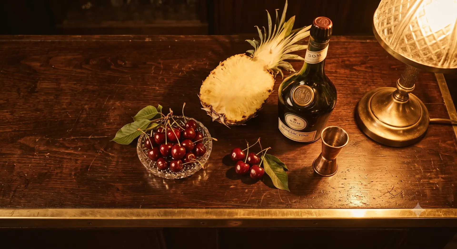 Cherries in a crystal bowl, a halved pineapple, a bottle of Bénédictine D.O.M. and a copper jigger on a dark timber bar under lamplight.