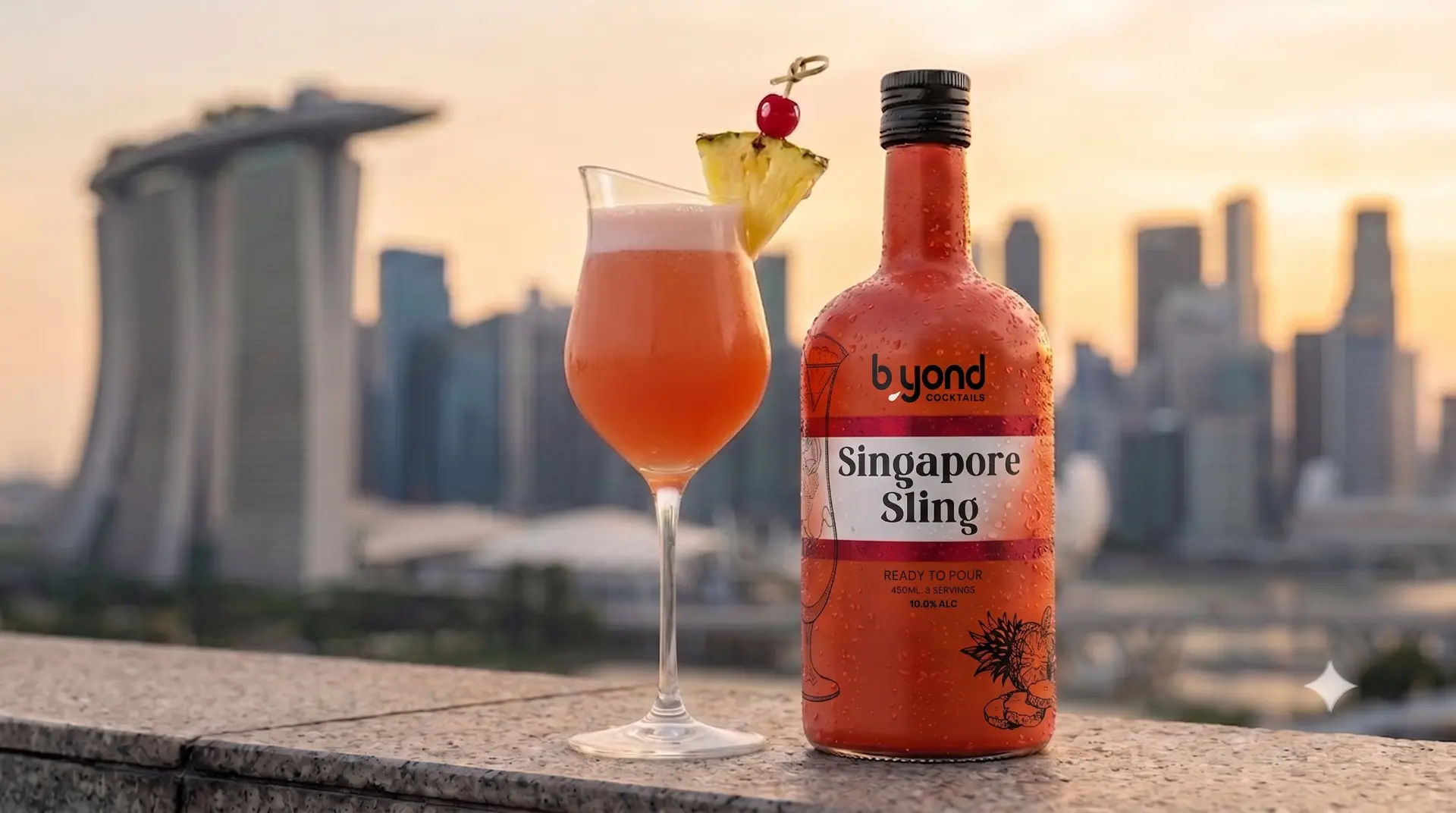 B.YOND Singapore Sling served in a tall glass with garnish, ready to enjoy.