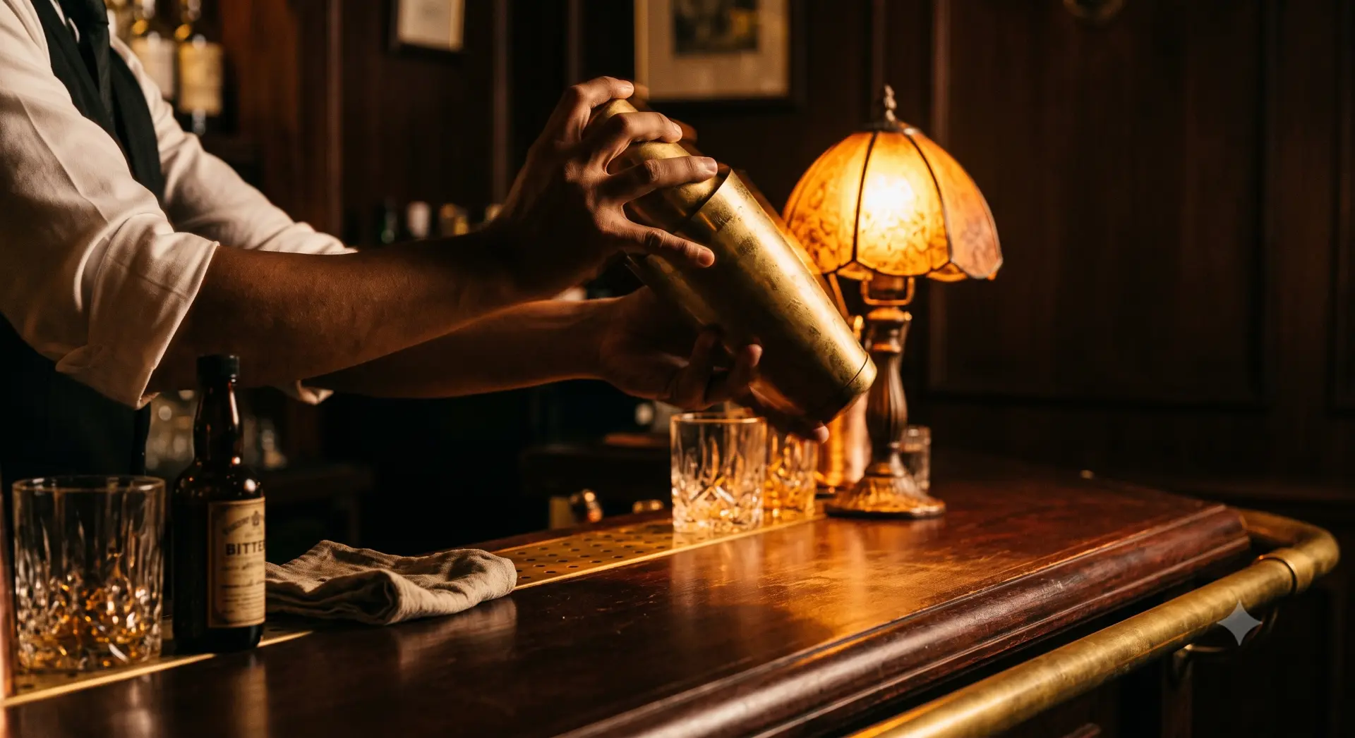 A bartender shaking a brass cocktail shaker over a polished timber bar, lit by a warm stained-glass lamp.